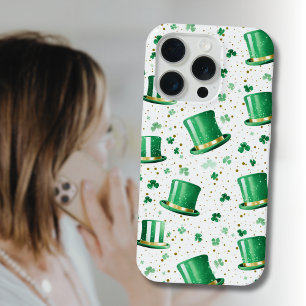 Luxury Green Gold Hats and Shamrocks White iPhone 15 Pro Case