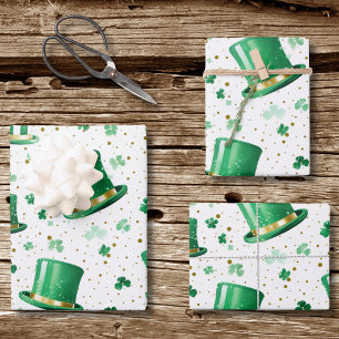 Luxury Green Gold Hats and Shamrocks White Wrapping Paper Sheet