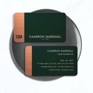 Luxury Green Leather Monogram with Copper Accent Business Card