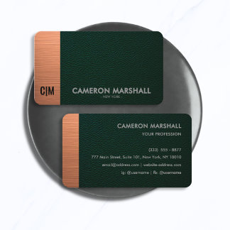 Luxury Green Leather Monogram with Copper Accent  Business Card