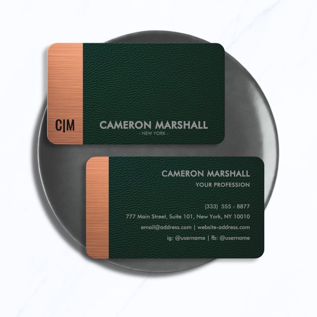 Luxury Green Leather Monogram with Copper Accent  Business Card (Creator Uploaded)