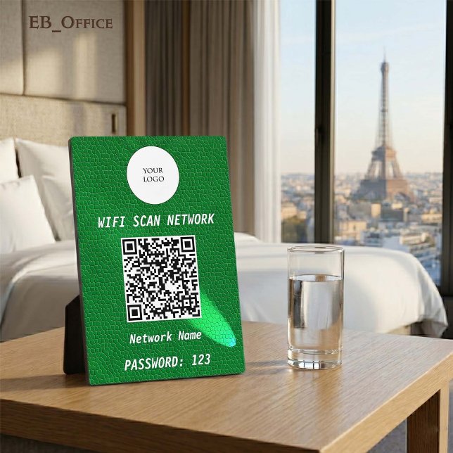 Luxury Green Leather Spotlight QR Code Wifi Sign Plaque (Luxury QR Code Wi-fi Tabletop Sign
& Logo
•	Green Leather pattern
•	5” x 7”
)