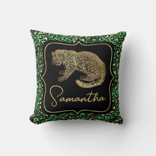 Luxury Green Leopard Print Gold Animal Monogram Cushion