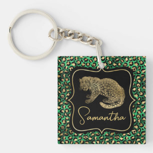 Luxury Green Leopard Print Gold Animal Monogram Key Ring