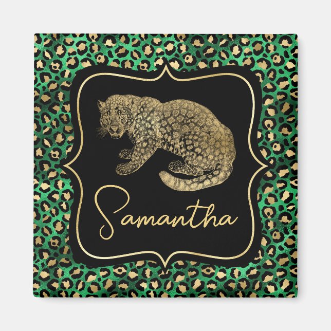 Luxury Green Leopard Print Gold Animal Monogram Magnet (Front)