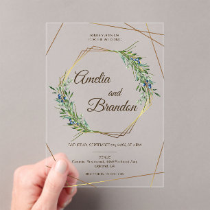 Luxury Greenery Berry Geometric Gold Wedding Acrylic Invitations