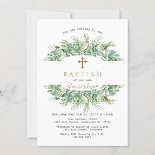 Luxury Greenery Gold Cross Baptism Invitation