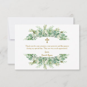 Luxury Greenery Gold Cross Baptism Thank You Card