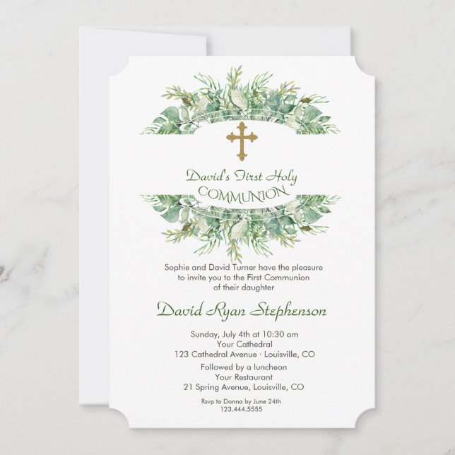 Luxury Greenery Gold Cross Holy Communion Invitation (Front)