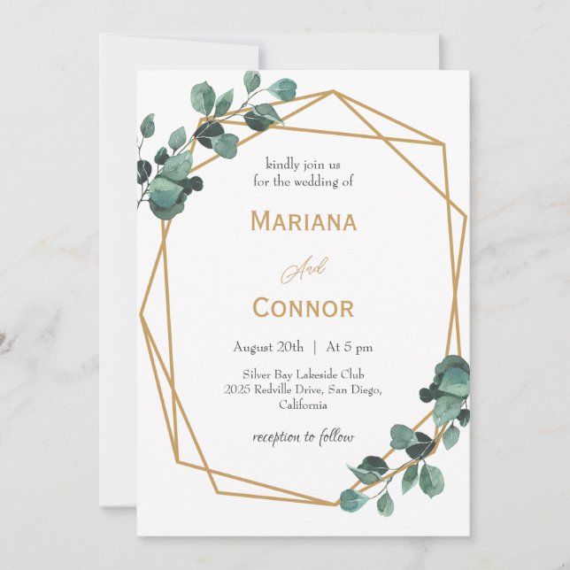 Luxury Greenery Gold Frame Wedding Invitation (Front)