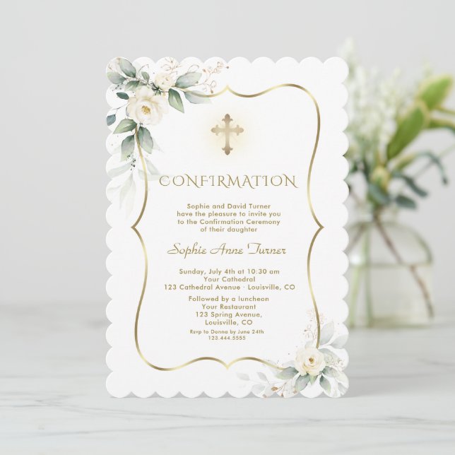 Luxury Greenery White Floral Girl Confirmation  Invitation (Standing Front)