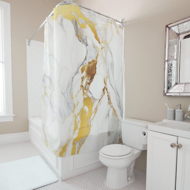 Luxury Grey and Gold Texture White Marble Shower Curtain (In Situ)