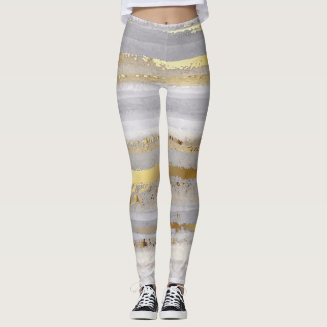 Luxury Grey Gold Watercolor Texture Leggings (Front)
