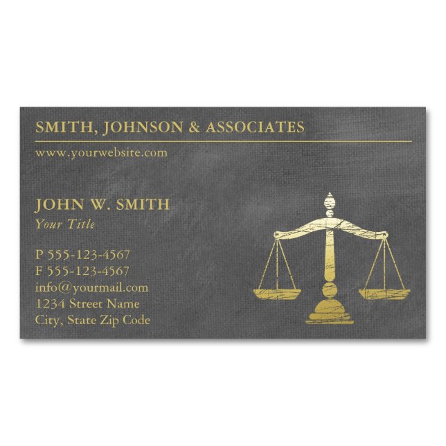 Luxury Grey Lawyer Scales of Justice Gold Look Magnetic Business Card (Front)