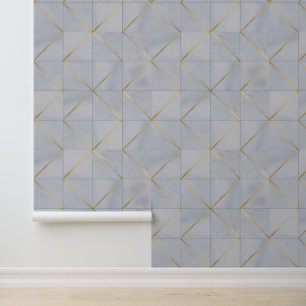 Luxury Grey Marble Geometric Gold Tile Pattern Wallpaper