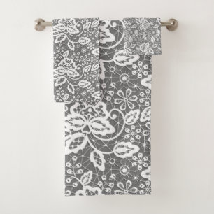 LUXURY GREY WHITE LACE BATHROOM TOWEL SET