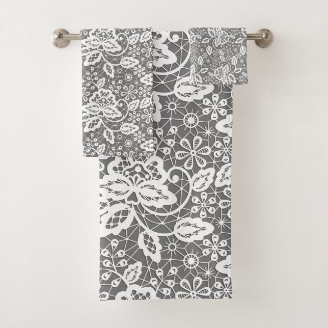 LUXURY GREY WHITE LACE BATHROOM TOWEL SET (Insitu)