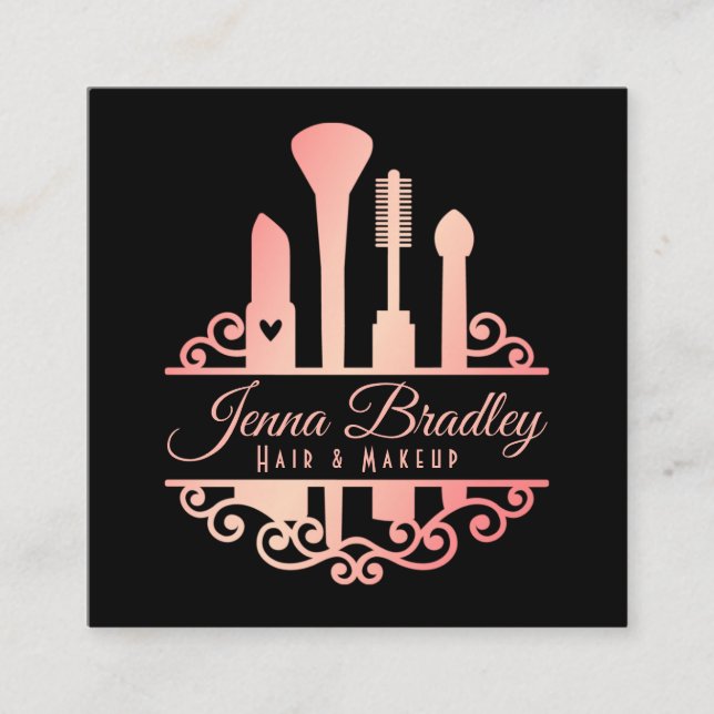 Luxury Hair Makeup Cosmetic Rose Gold And Black Square Business Card (Front)
