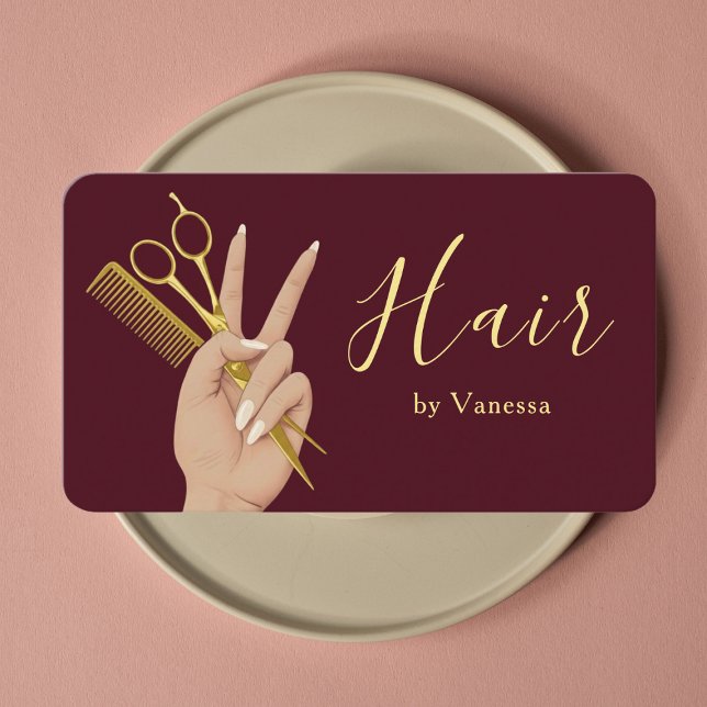 Luxury Hair Salon Hairstylist Hairdresser Burgundy Business Card (Creator Uploaded)