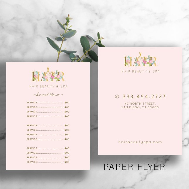 Luxury hair salon service blush pink menu flyer (Creator Uploaded)