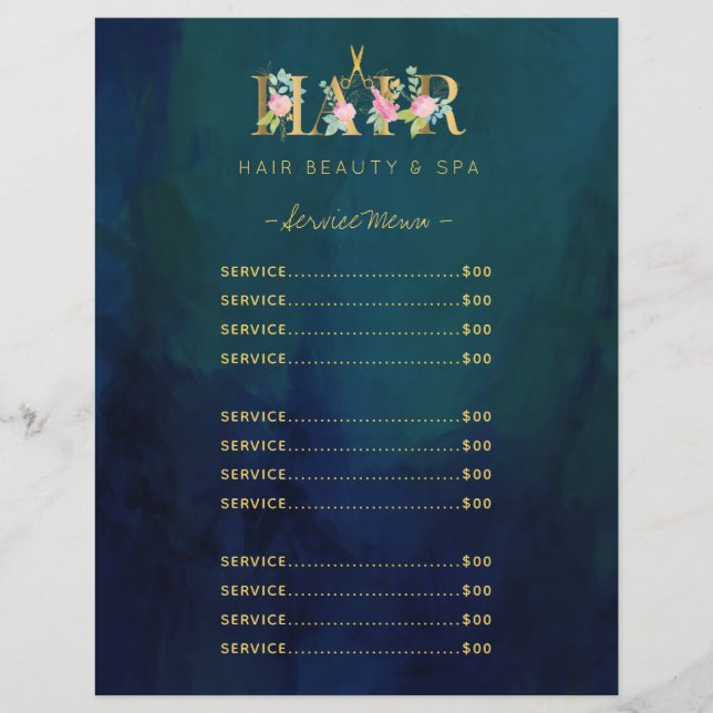 Luxury hair salon service vintage navy menu flyer (Front)