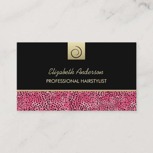 Luxury Hairstylist Pink Cheetah Print Hair Salon Business Card (Front)