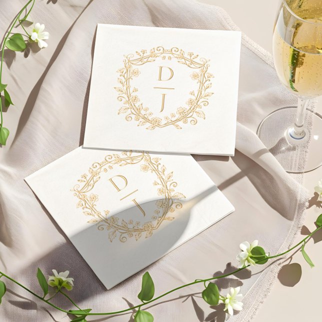 Luxury Hand Drawn Floral Vine Crest Monogram  Foil Napkins (Luxury Hand Drawn Floral Vine Crest Monogram Foil Napkins)