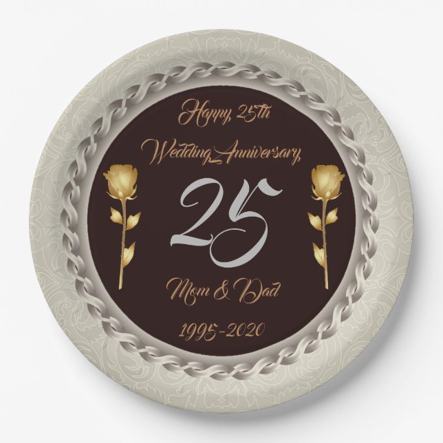 Luxury Happy Customise Silver 25th Anniversary Paper Plate (Front)