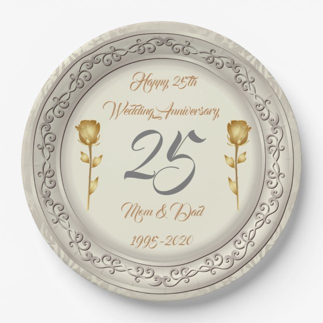 Luxury Happy Customise Silver 25th Anniversary Paper Plate (Front)
