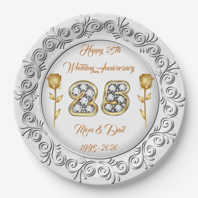 Luxury Happy Customise Silver 25th Anniversary Paper Plate (Front)