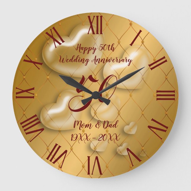 Luxury Heart Happy Gold 50th Anniversary Large Clock (Front)