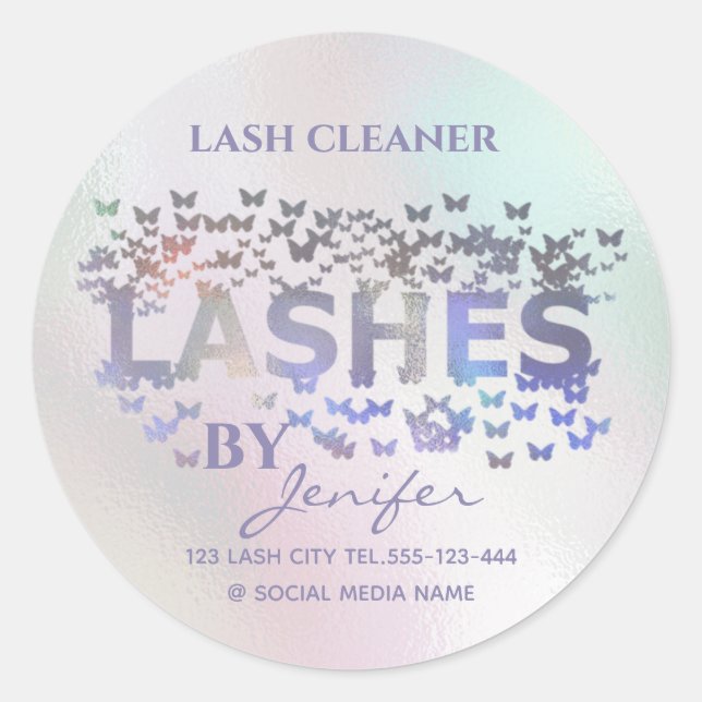Luxury holographic butterflies lashes logo classic round sticker (Front)