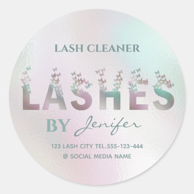 Luxury holographic butterflies lashes logo classic round sticker (Front)