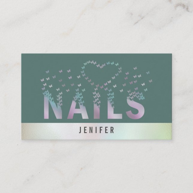 Luxury holographic butterflies nails logo business card (Front)