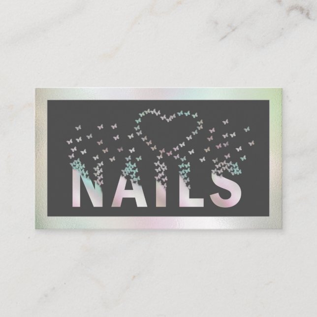 Luxury holographic butterflies nails logo business card (Front)