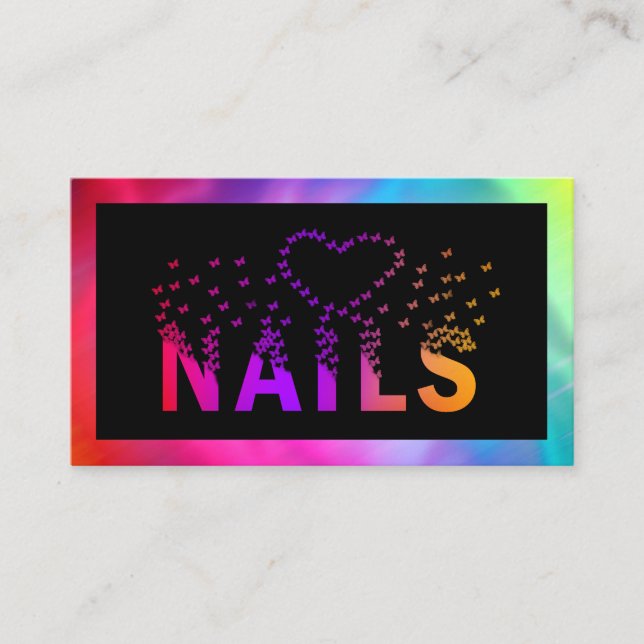 Luxury holographic butterflies nails logo business card (Front)