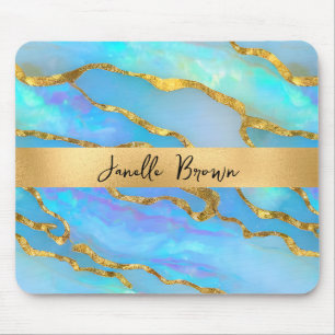 Luxury Holographic Faux Opal Stone and Gold Foil Mouse Mat