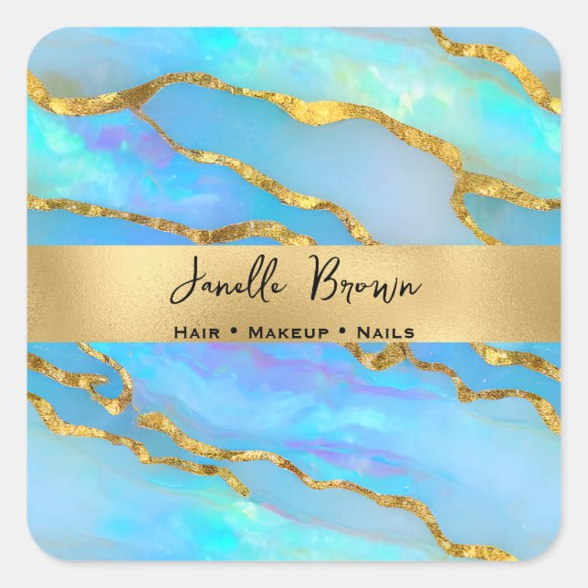 Luxury Holographic Faux Opal Stone and Gold Foil Square Sticker (Front)