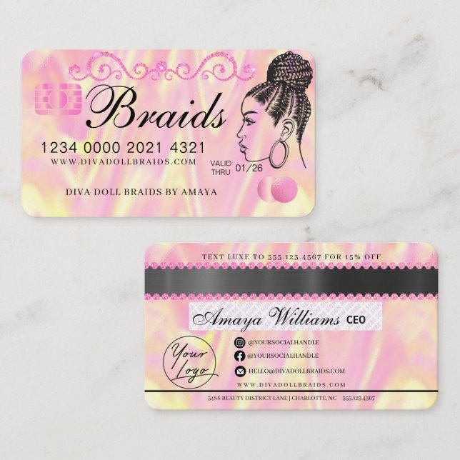 Luxury Holographic Foil Hair Braiding Credit Style Business Card (Front/Back)