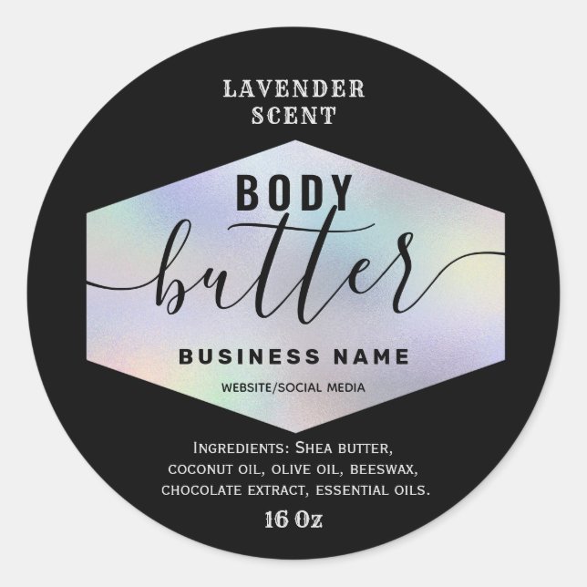 Luxury holographic script body butter label (Front)