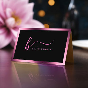 Luxury Hot Pink Foil Frame Modern Script Monogram Business Card