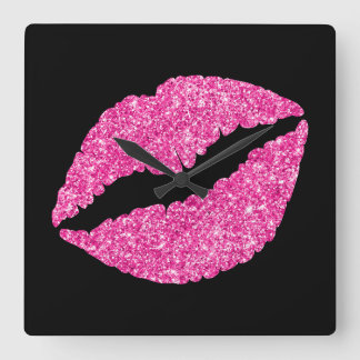 Luxury Hot Pink Glitter Lipstick on Black Square Wall Clock