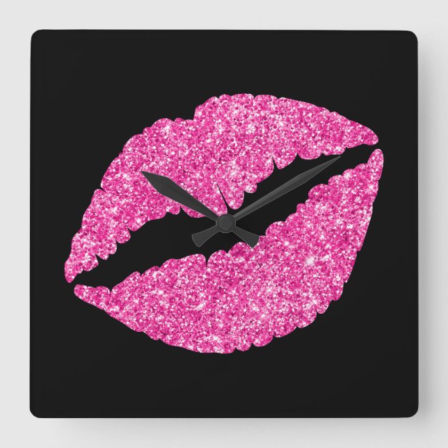 Luxury Hot Pink Glitter Lipstick on Black Square Wall Clock (Front)