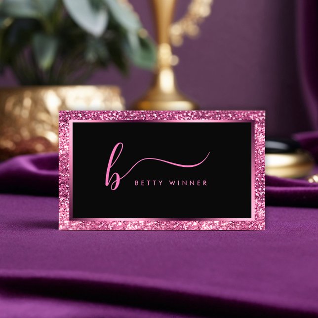 Luxury Hot Pink Glitter Modern Script Monogram Bus Business Card (Creator Uploaded)