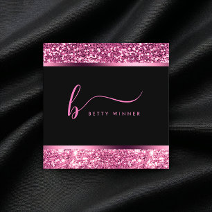 Luxury Hot Pink Glitter Modern Script Monogram Square Business Card