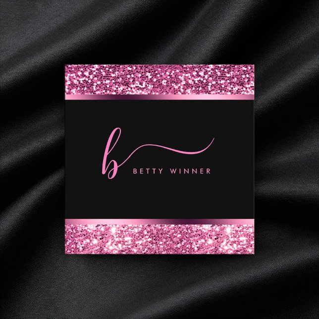 Luxury Hot Pink Glitter Modern Script Monogram Square Business Card (Creator Uploaded)