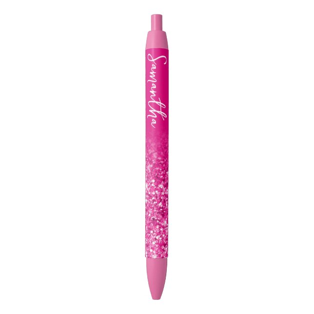 Luxury Hot Pink Glitter Ombre Black Ink Pen (Front Vertical)