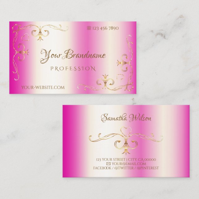 Luxury Hot Pink Gold Ornate Corner Ornamental Business Card (Front/Back)