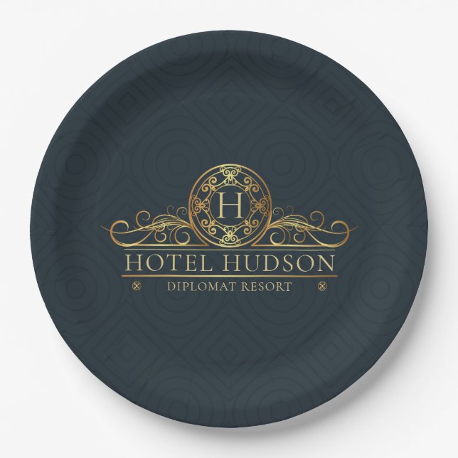 Luxury Hotel Branding Monogrammed Paper Plate (Front)