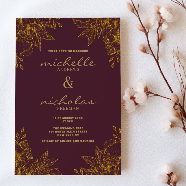 Luxury hue burgundy gold glitter floral wedding invitation (Luxury hue burgundy gold glitter floral wedding)